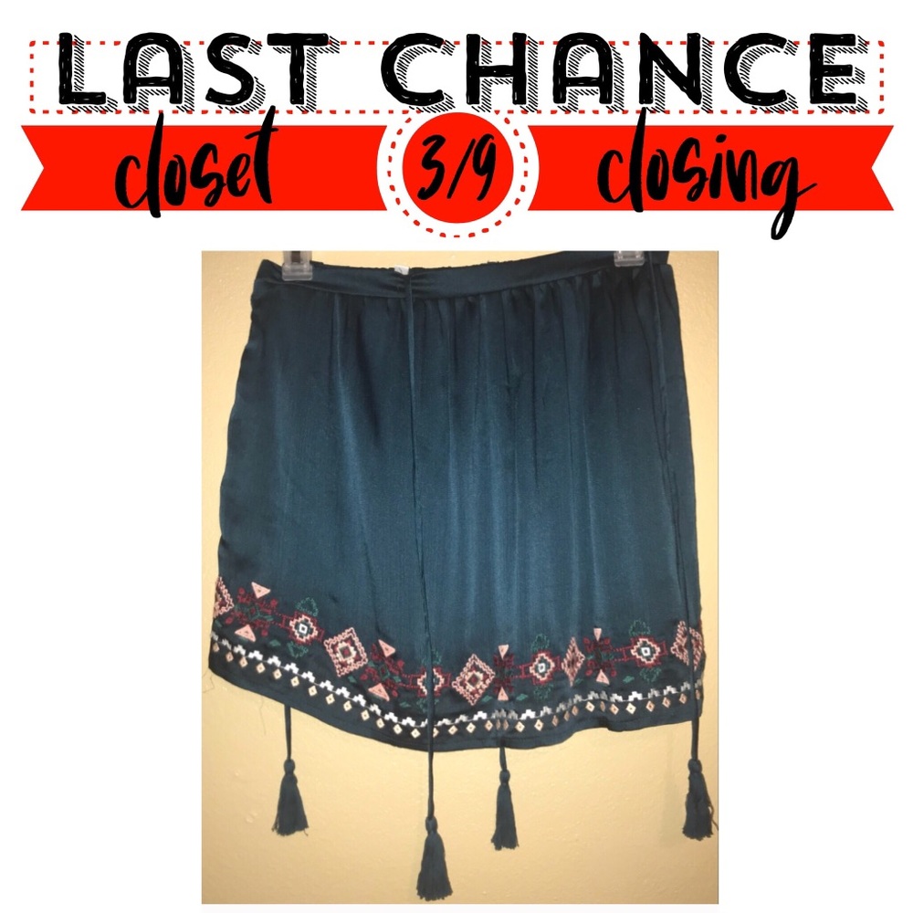 Teal Embroidered Tassel Tie Skirt
